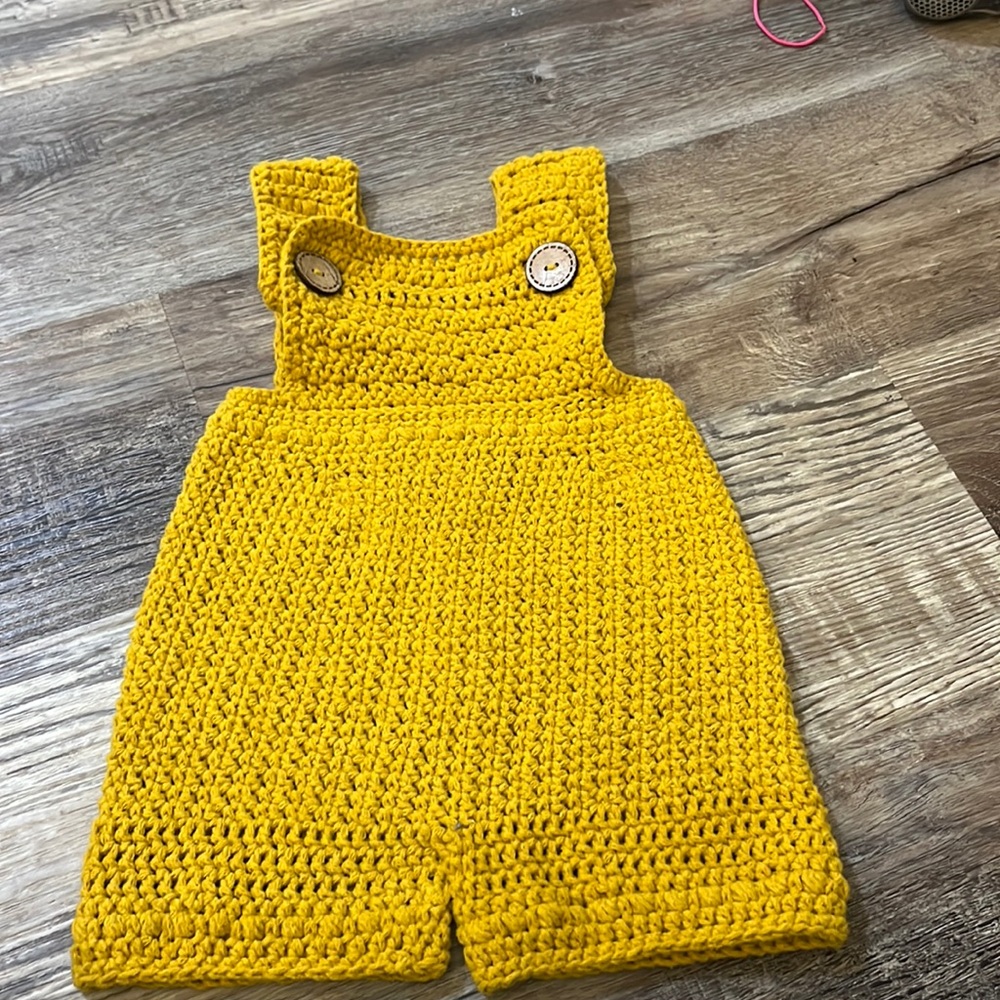 Homemade crocheted baby shortalls